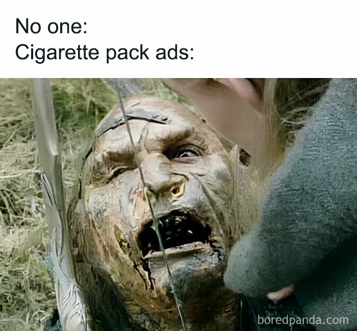 Middle Earth meme with a distorted, intimidating face resembling cigarette pack warning imagery.