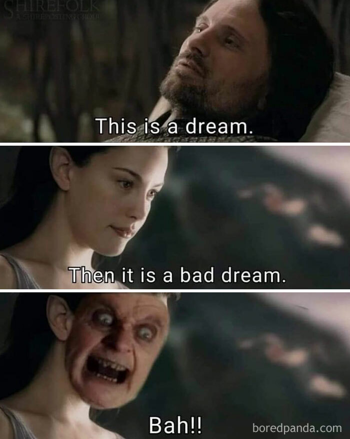 Middle Earth meme featuring characters humorously reacting in sequence.