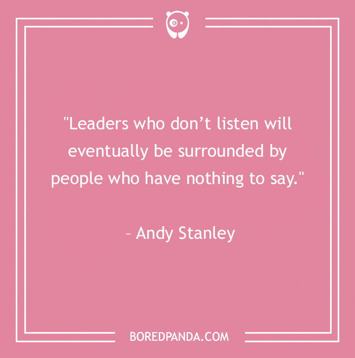 Inspirational work quote by Andy Stanley on a pink background, highlighting leadership and communication.