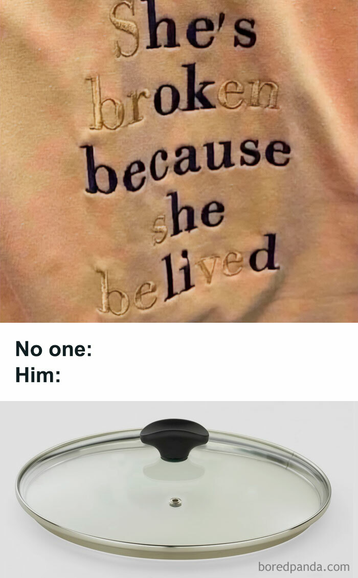 Funny meme with a play on words, showing "believed" as "be lided" beside a pot lid.