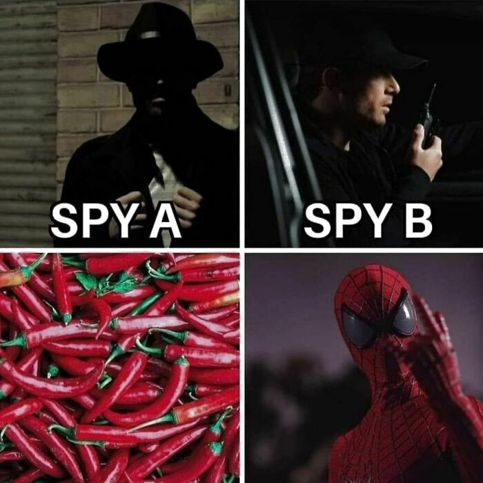 Spy A and Spy B images alongside spicy red chilies and a superhero meme for pun enthusiasts.