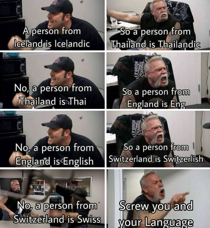 Man humorously arguing about nationalities, showcasing funny memes for pun enthusiasts.