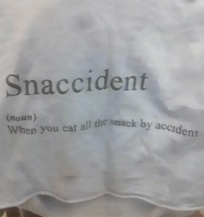 "Text humor meme with 'Snaccident' definition for pun enthusiasts."