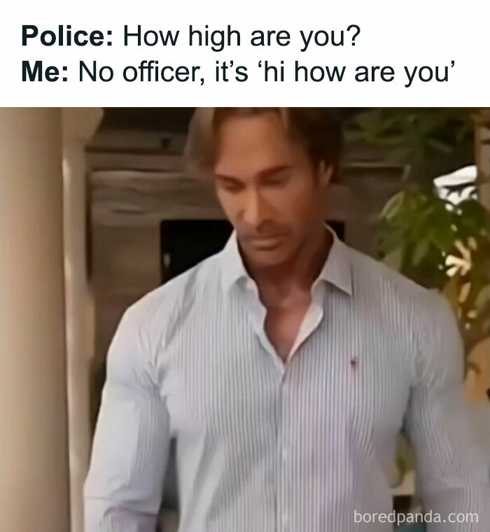 Man in striped shirt with text joke, part of funny memes for pun enthusiasts.