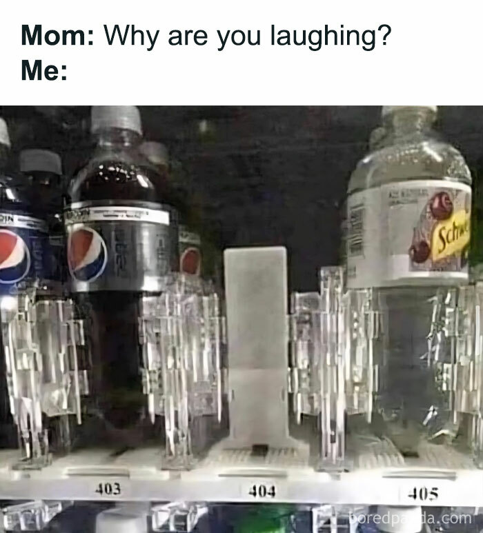 Vending machine with empty slot labeled 404, suggesting a funny pun enthusiasts might enjoy.