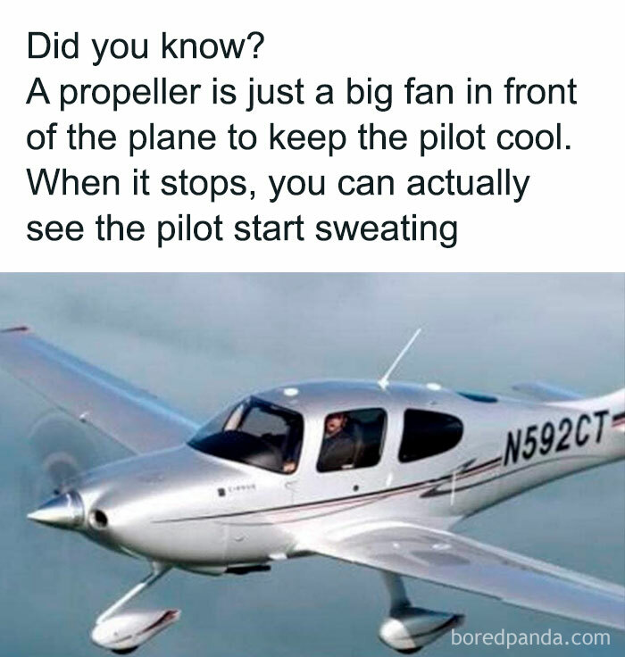 Pilot in a plane with a funny pun about propellers.
