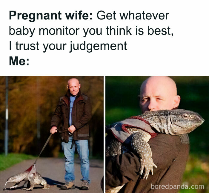 Man holding large lizard as a joke about a baby monitor, showcasing funny memes for pun enthusiasts.