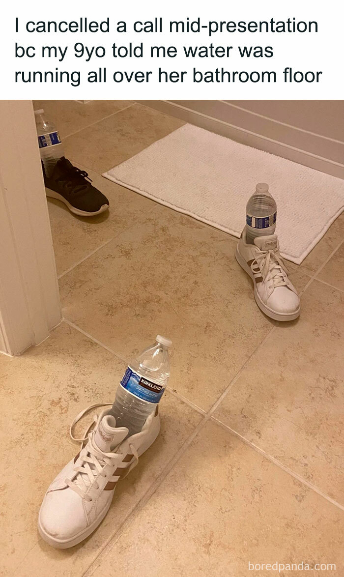 Sneakers holding water bottles as a pun with the caption about a bathroom floor emergency, perfect for meme enthusiasts.