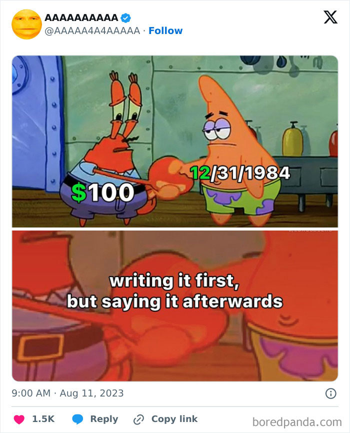 Cartoon characters exchanging money in a cursed meme with humorous text overlay.