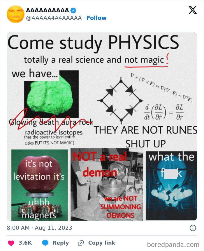 Cursed meme about physics humorously describing scientific concepts like glowing rocks and runes.