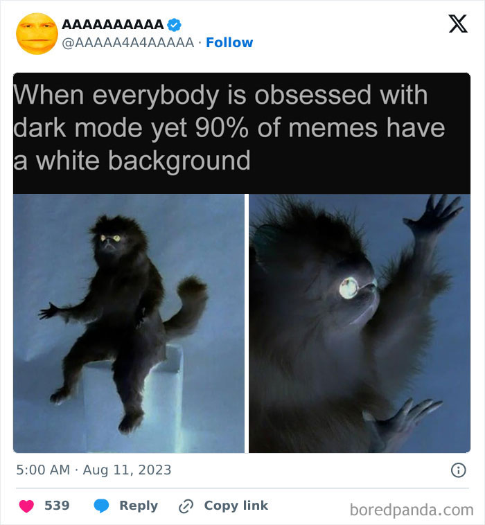 Dark-mode meme with a gif of a startled monkey-like creature on a white background, highlighting cursed meme humor.