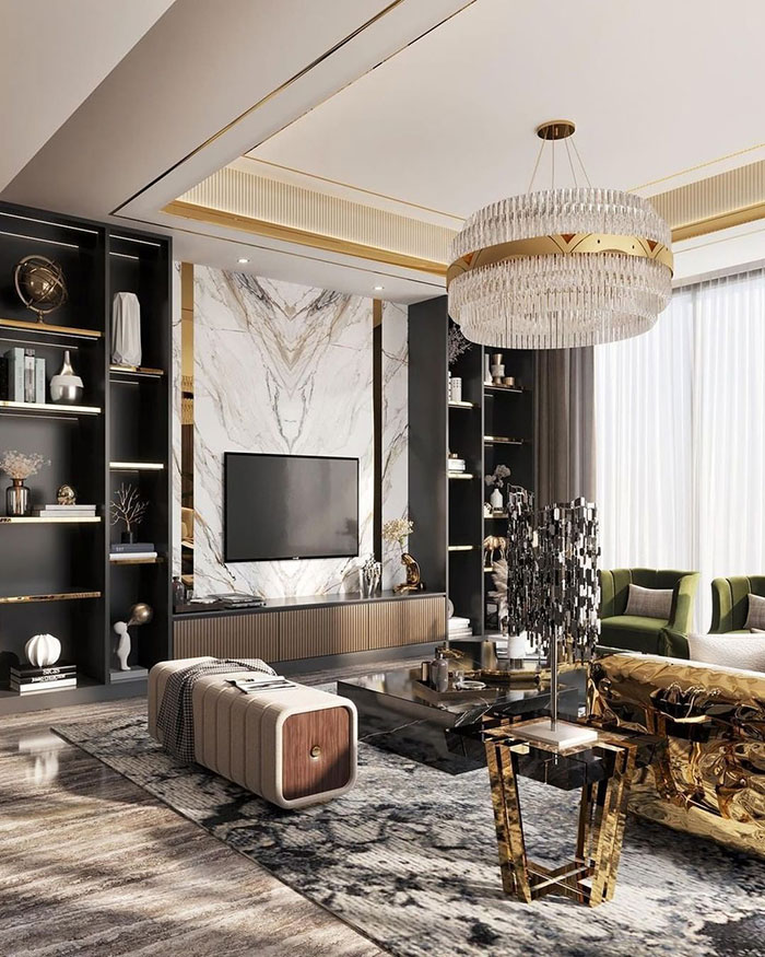 Modern living room showcasing home decor ideas with luxurious finishes, designer insights, and contemporary furniture arrangements.