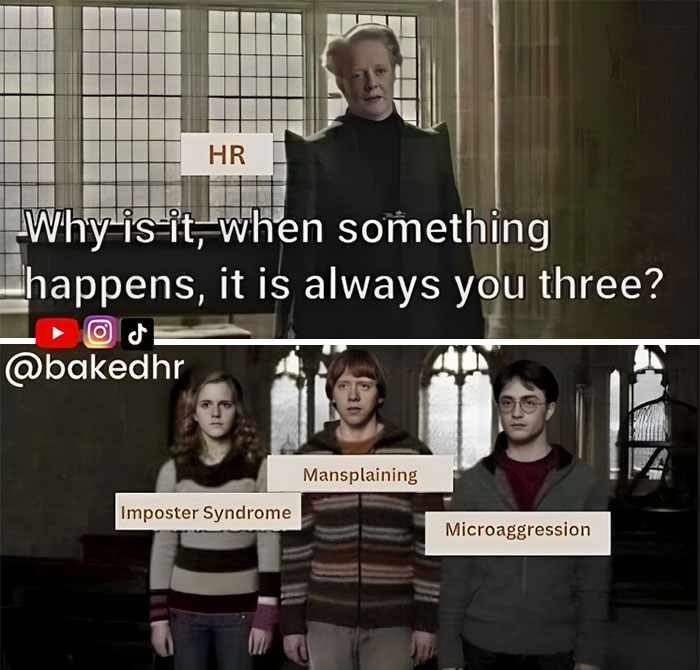 HR meme with characters labeled Imposter Syndrome, Mansplaining, and Microaggression, featuring a humorous scenario.