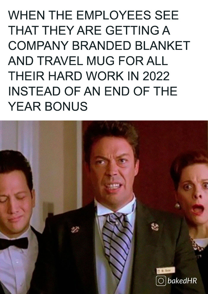 Two HR ladies reacting hilariously to company gifts instead of bonuses, capturing a funny workplace meme moment.