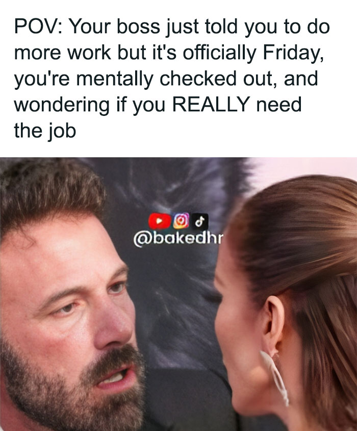Two HR ladies meme shows a conversation about ignoring work on a Friday, reflecting job dissatisfaction.