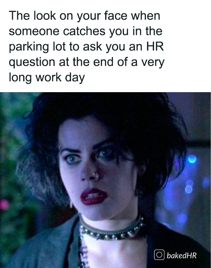 A woman with a shocked expression, representing a humorous HR meme from an Instagram page.