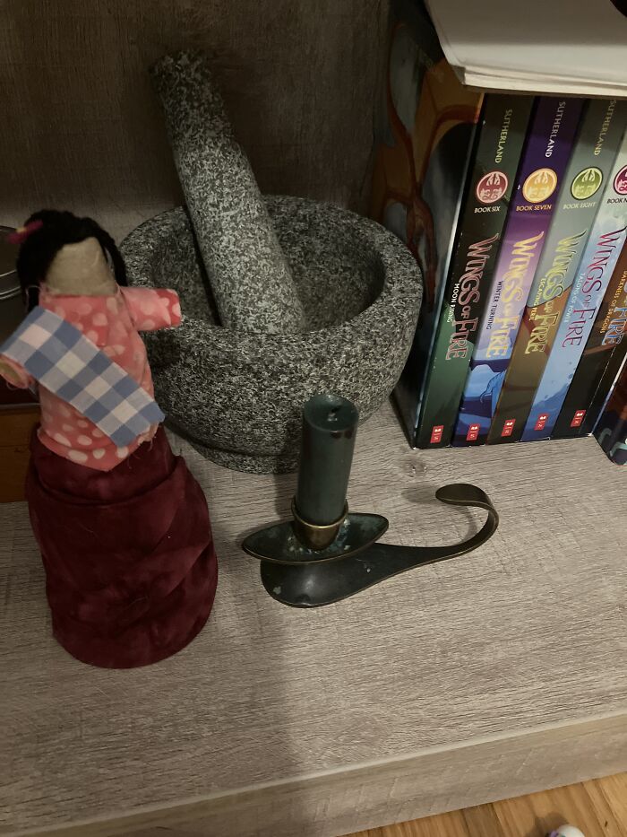 An Old Candle Holder, A Mortar And Pestle And A Model I Made A While Ago For A Research Project