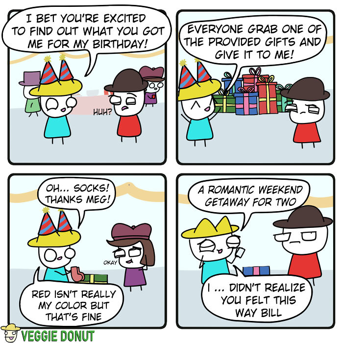 Comics About A Pair Of Friends Celebrating Birthday With The Provided Gifts veggiedonut