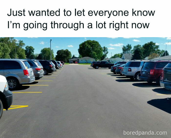Parking lot with cars and a funny caption expressing stress, shared for humor on Facebook.