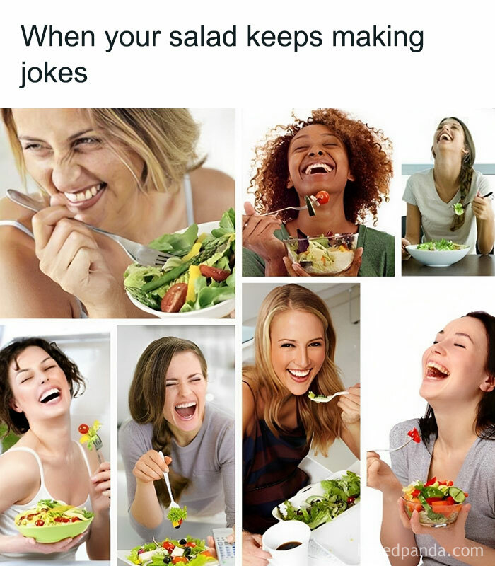 Women laughing while eating salads, portraying funny and polite memes concept.