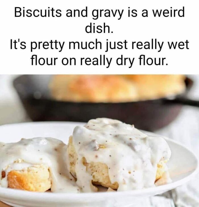 Plate of biscuits with gravy, humorously described as wet flour on dry flour; a funny meme without expense to anyone.