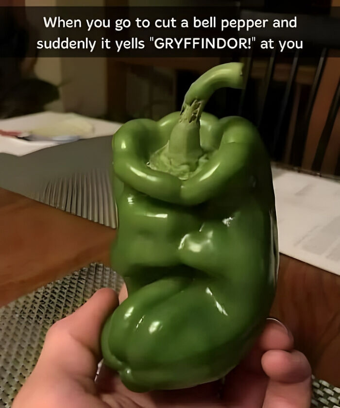 Funny meme with a quirky bell pepper resembling a character from a famous fantasy series, captioned with humor.