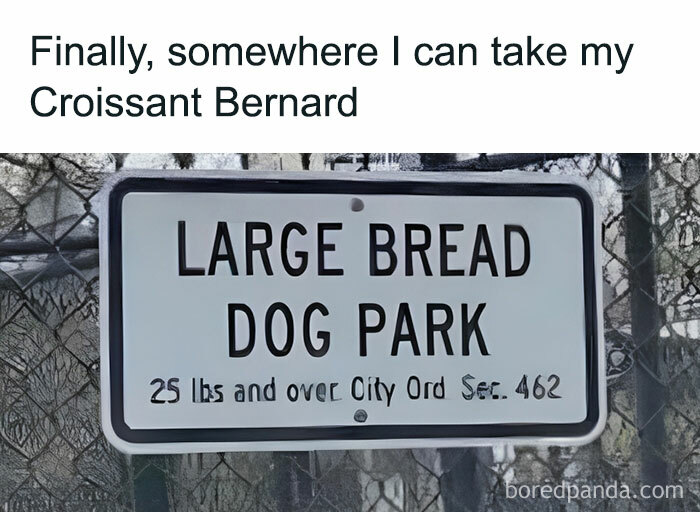 Funny and polite meme of a sign reading "Large Bread Dog Park," humorously interpreted as a place for large dogs.