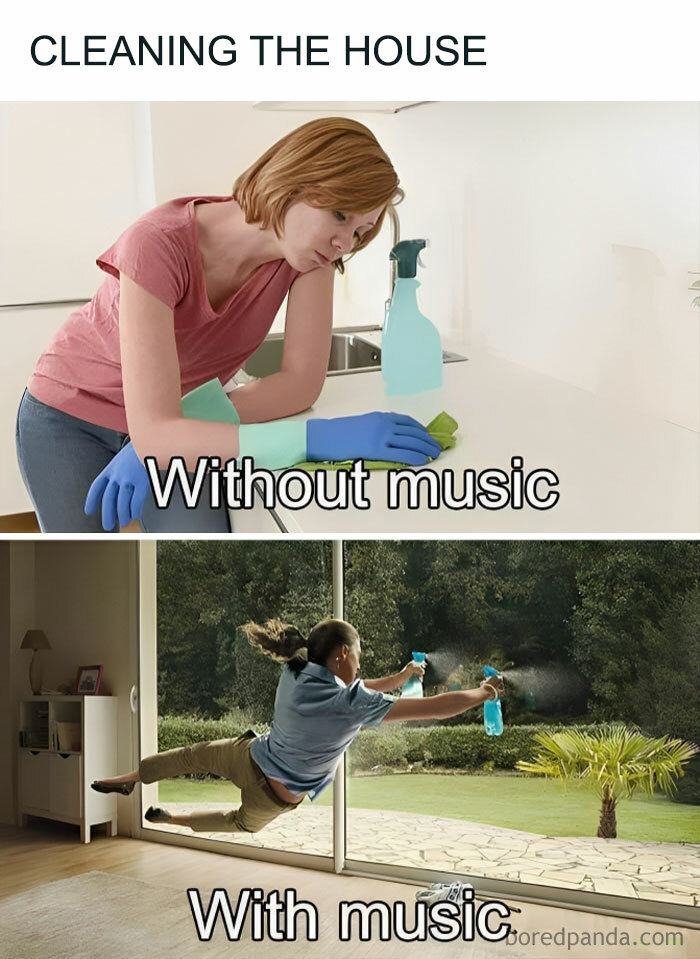 Funny meme shows cleaning the house with and without music.