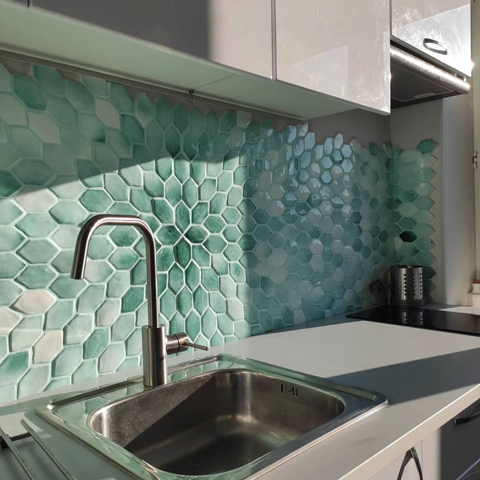 green mosaic pattern backsplash