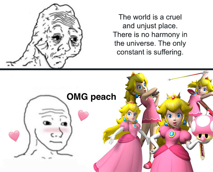 Sad meme and joyful Peach from Mario.