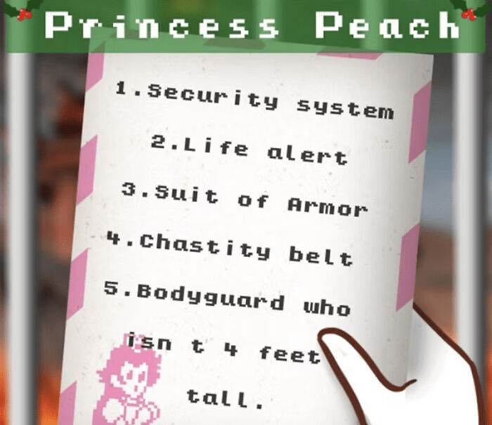 Princess Peach's list of funny security measures in a Mario-themed meme.
