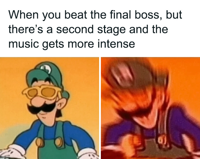 Funny Mario meme with Luigi looking calm on the left and panicked on the right, reflecting gaming intensity.