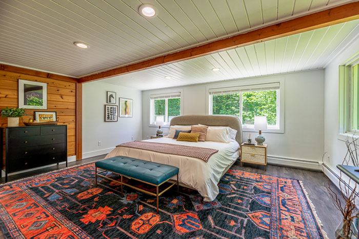 Spacious and colorful master bedroom with modern furniture, large windows, and vibrant patterned area rug design ideas.