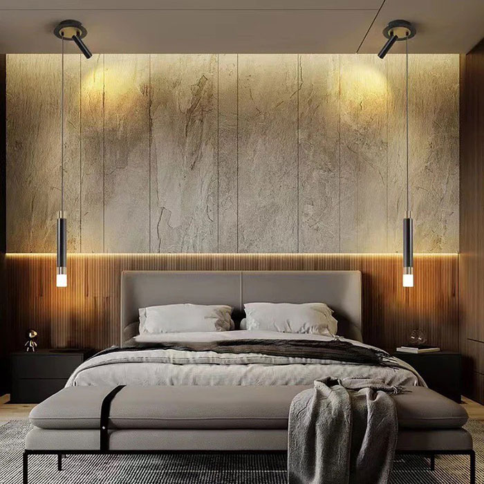 Modern master bedroom featuring pendant lights, neutral tones, and sleek furniture for stylish master bedroom ideas.