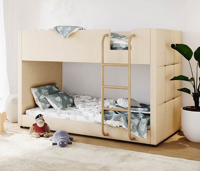 Bunk bed in a spacious white master bedroom featuring modern design elements and cozy bedding for ultimate comfort.