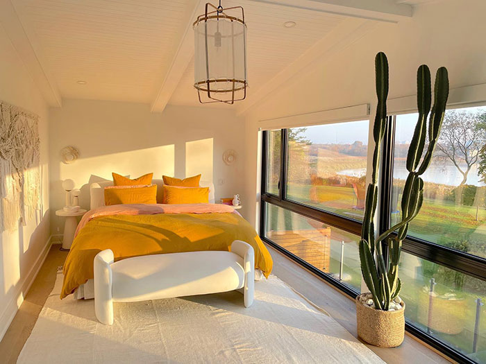 Warm yellow master bedroom with large windows, cozy bedding, modern lighting, and a tall cactus plant by the glass wall.