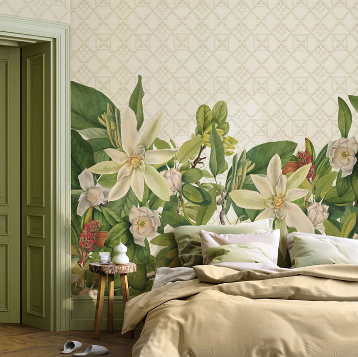 Bright master bedroom with floral wallpaper and green accents, showcasing elegant master bedroom ideas and stylish decor.