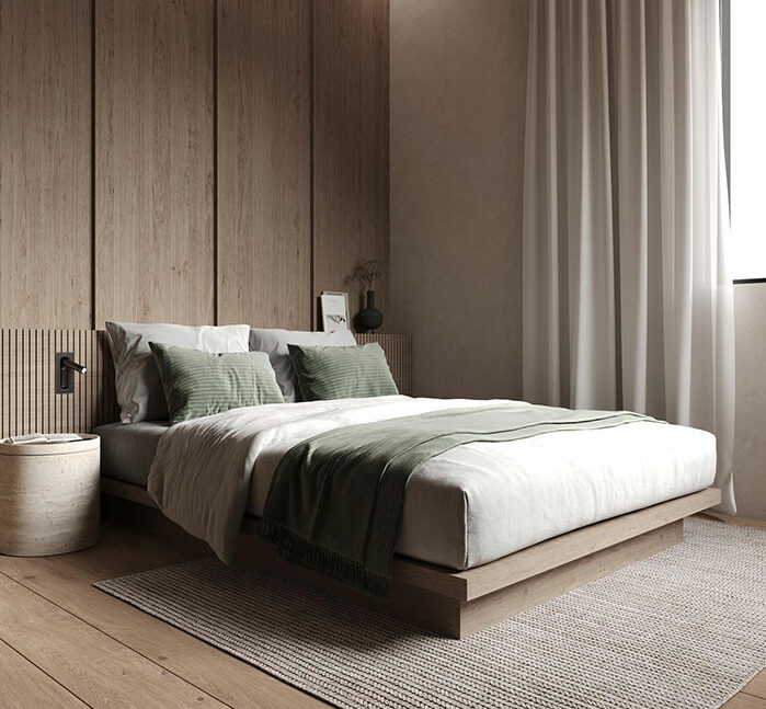 Minimalist master bedroom featuring wooden textures, neutral tones, and simple bedding with green accents and natural light.
