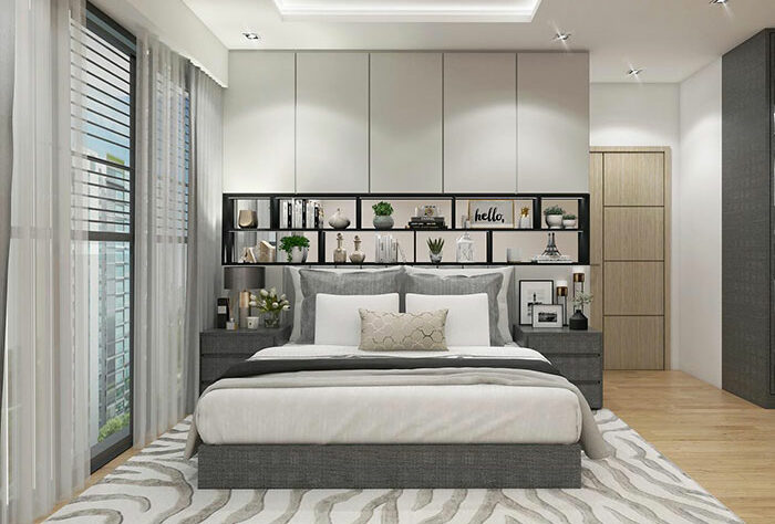 Modern white and grey master bedroom with shelves, neutral decor, and natural light showcasing master bedroom ideas.