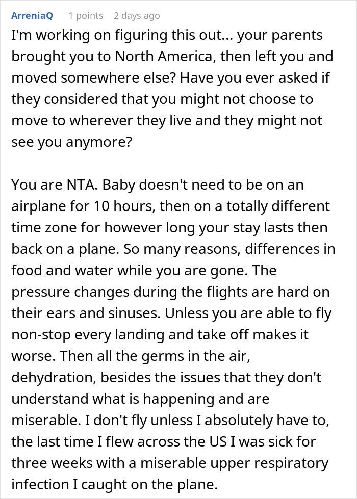 Woman Infuriates Her Parents By Not Going On A 10-Hour Flight So They Can See Their Grandbaby