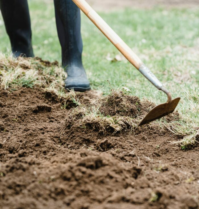 Farmer standing and loosening soil in countryside
