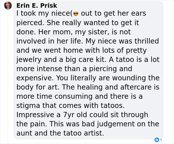 Text screenshot about a 7-year-old's tattoo, discussing its intensity compared to piercing and poor judgment.