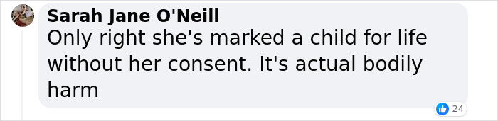 Comment questioning consent regarding a tattoo on a child.