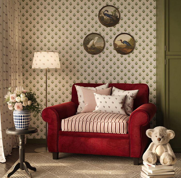 Repeating pattern fabric removable wallpaper behind red sofa with striped cushions in cozy living room decor.