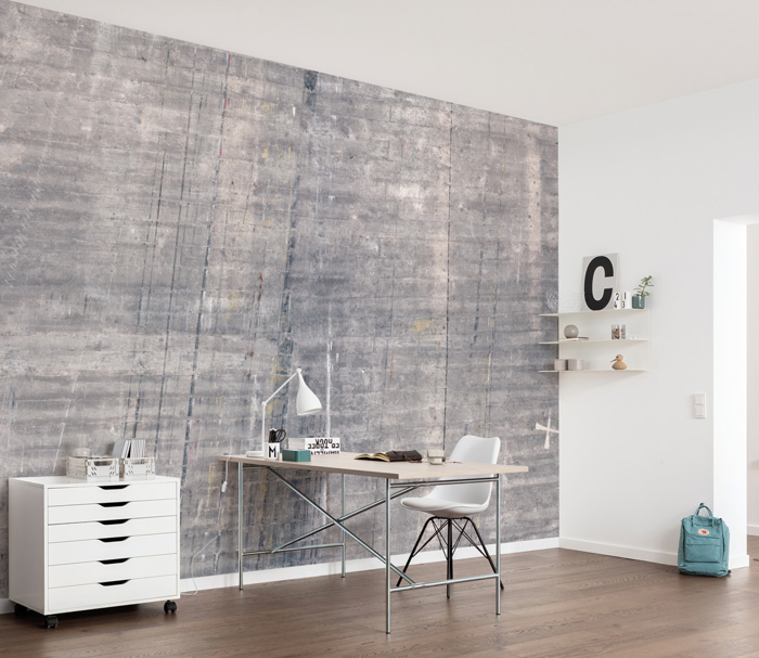 Grey wallpaper in a modern office space showcasing stylish removable wallpaper decor ideas for a sleek and functional workspace.