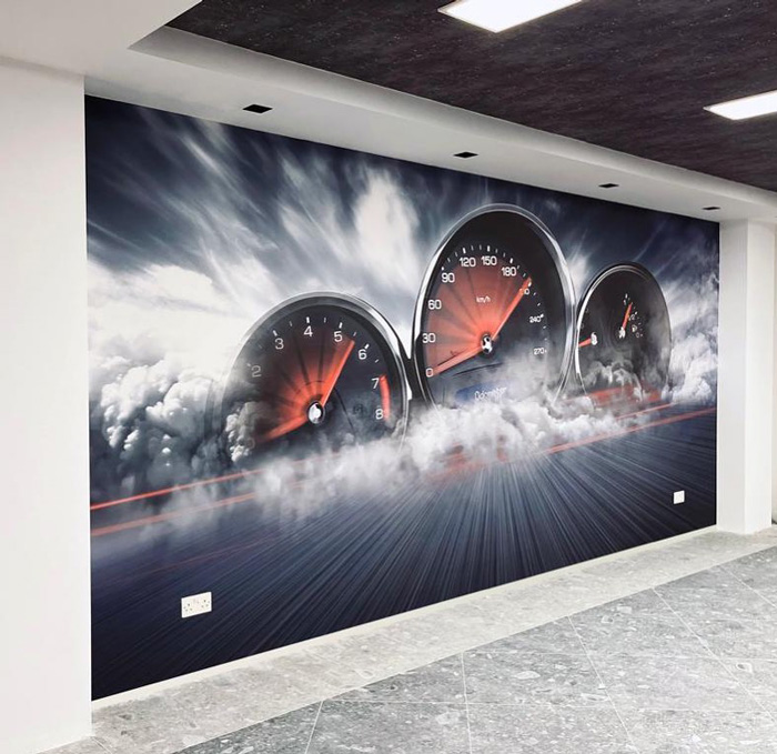 Removable wallpaper featuring a dynamic car speedometer design creating a stylish decor transformation for the space.