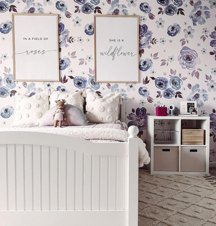 Bedroom with floral removable wallpaper featuring purple and blue flowers, creating a stylish removable wallpaper decor space.