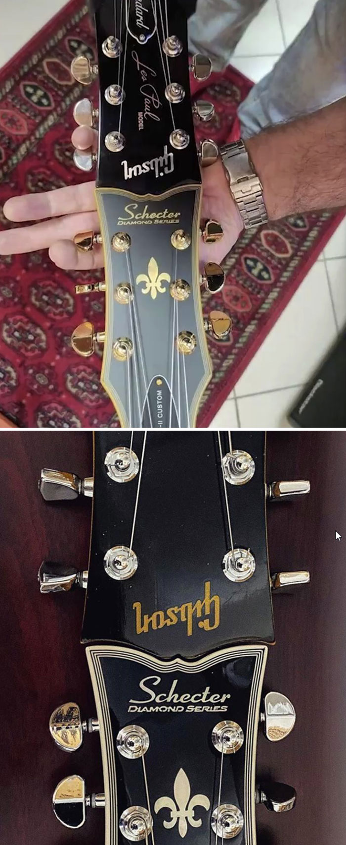 Gibson And Schecter Guitar Headstocks Fit Perfectly With Each Other