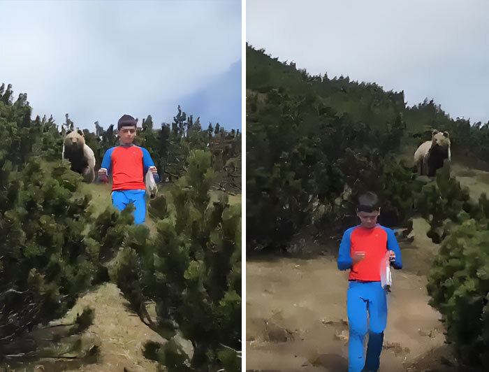 Brown Bear Sneaks Up On Kid Who Actually Does An Amazing Job At Staying Calm Thanks To Dad's Help