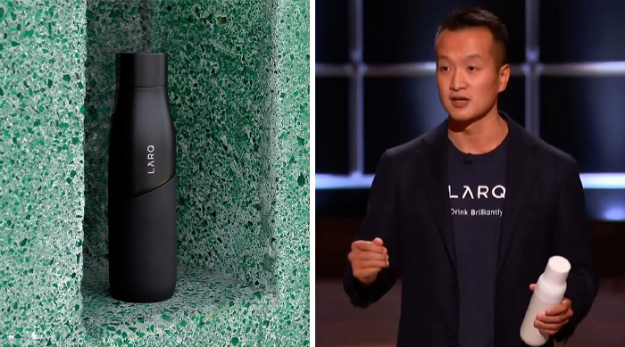 LARQ product shown on green surface and entrepreneur pitching sustainable bottle as Shark Tank success story.